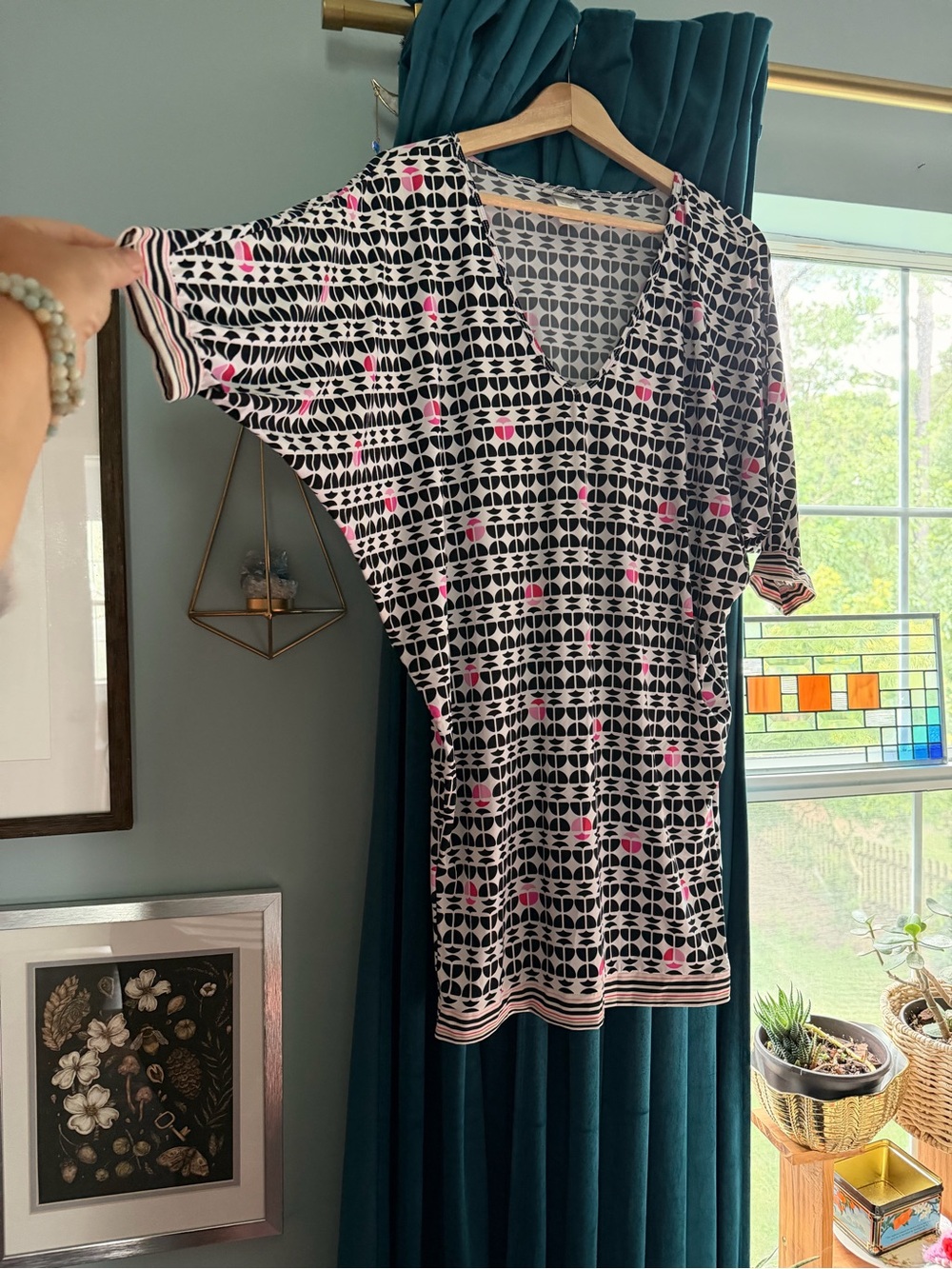 Trina Turk Geometric Print Tunic Mini Dress Black White Pink Size S